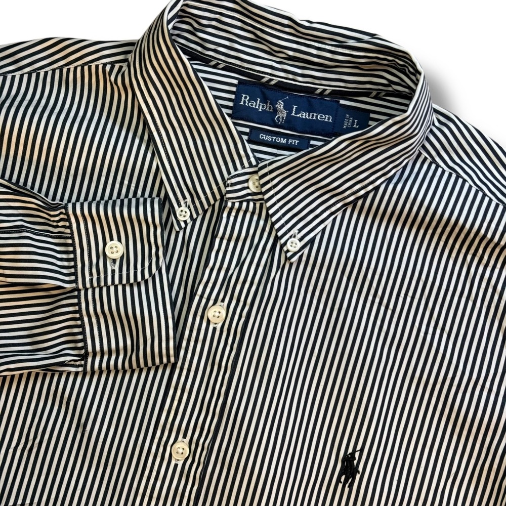 Vintage Ralph Lauren Button Down Shirt Men Large Black White Striped Custom Fit - Picture 3 of 10